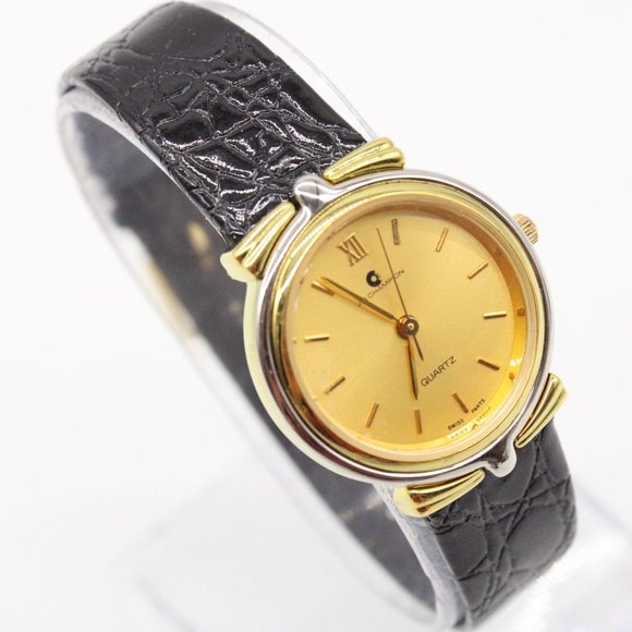 J.B Champion Watch Womens Gold Tone Stainless Steel Classic Black Leather Band - Picture 4 of 8